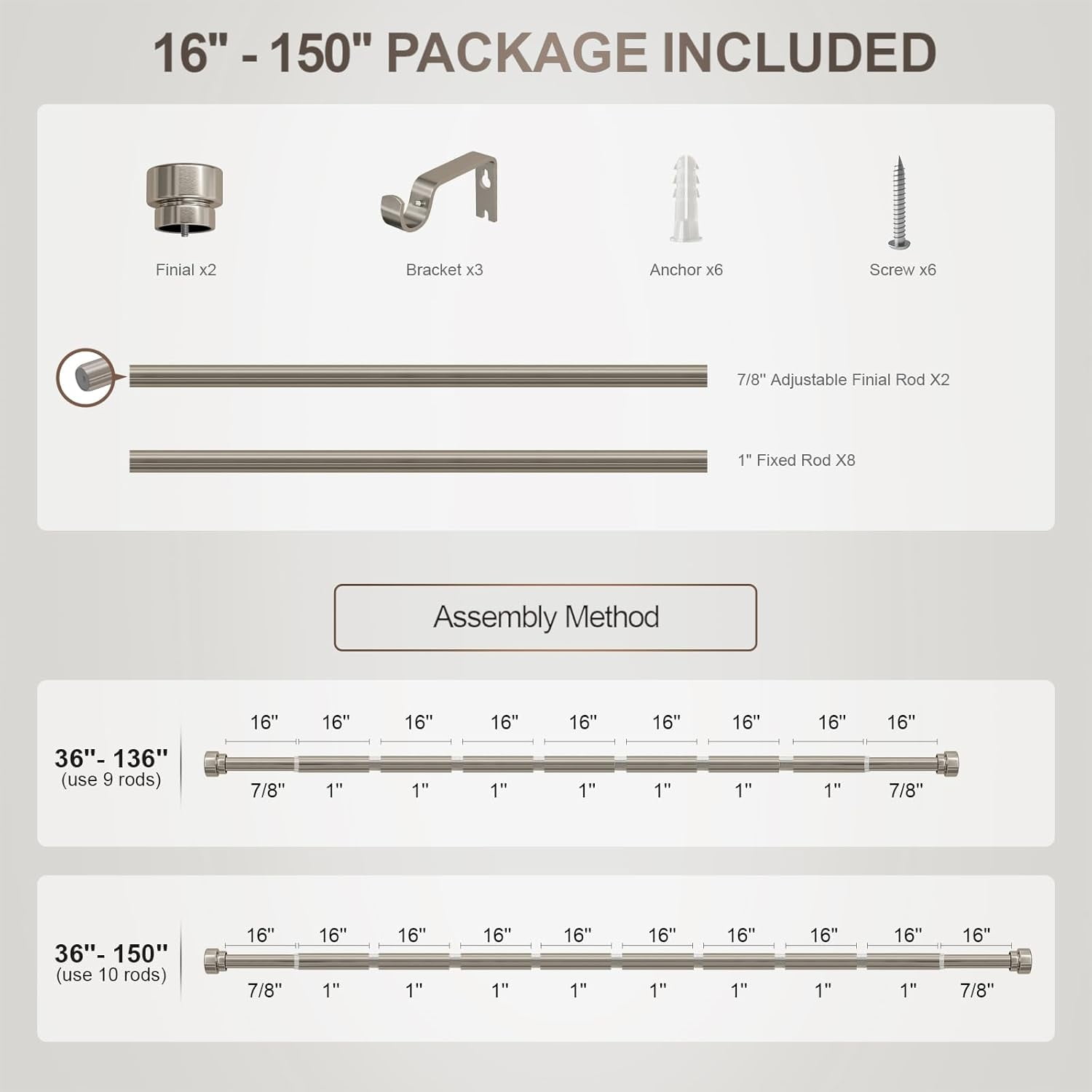 Adjustable Heavy Duty Brushed Nickel Curtain Rod, 1-inch Diameter, 72 to 144 inches