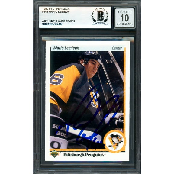 Mario Lemieux Autographed 1990-91 Upper Deck Card #144 Pittsburgh Penguins Auto Grade Gem Mint 10 Beckett BAS #18278745