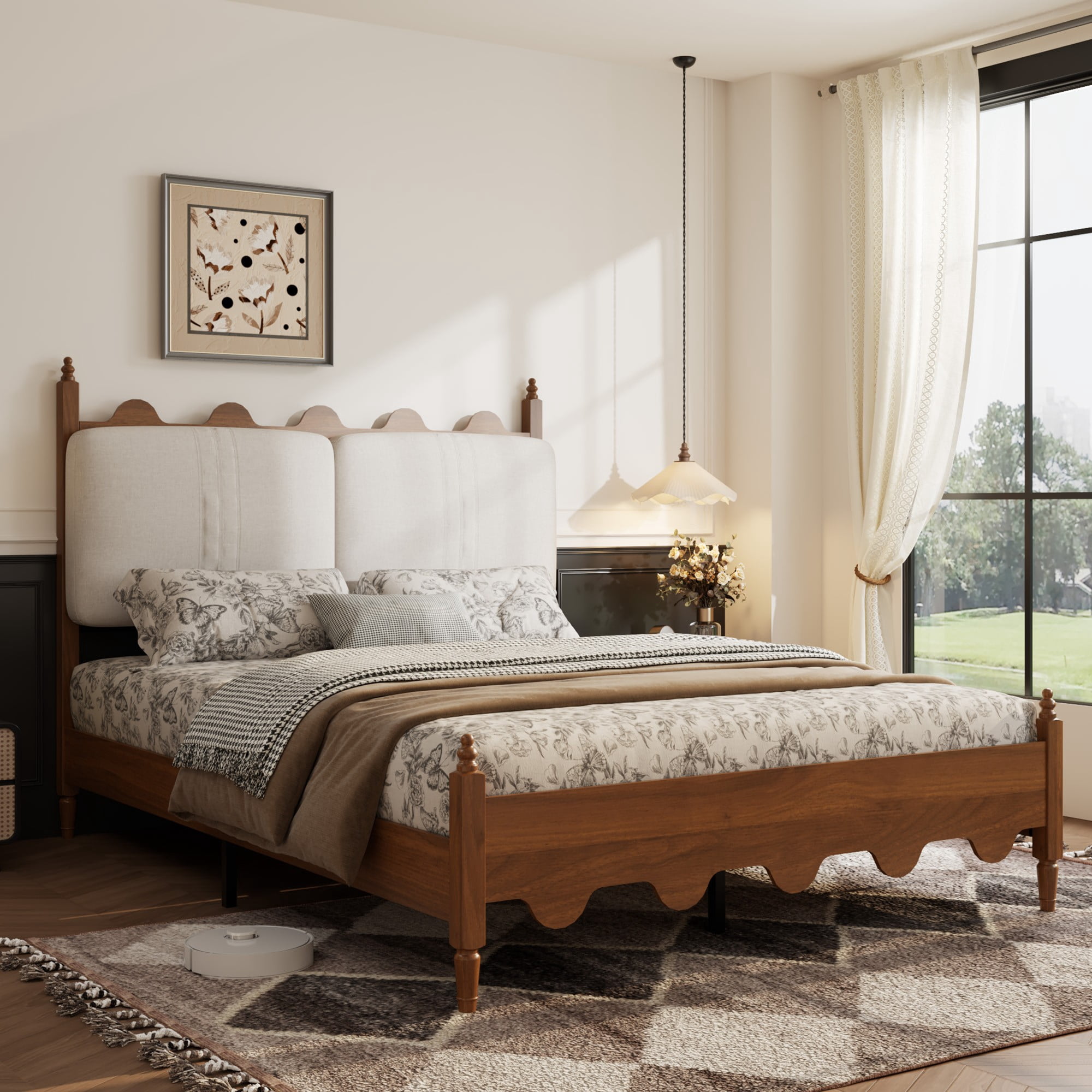 DEALTOPS Queen French Country Scalloped Platform Bed Frame with Upholstered Headboard, No Box Spring, Walnut