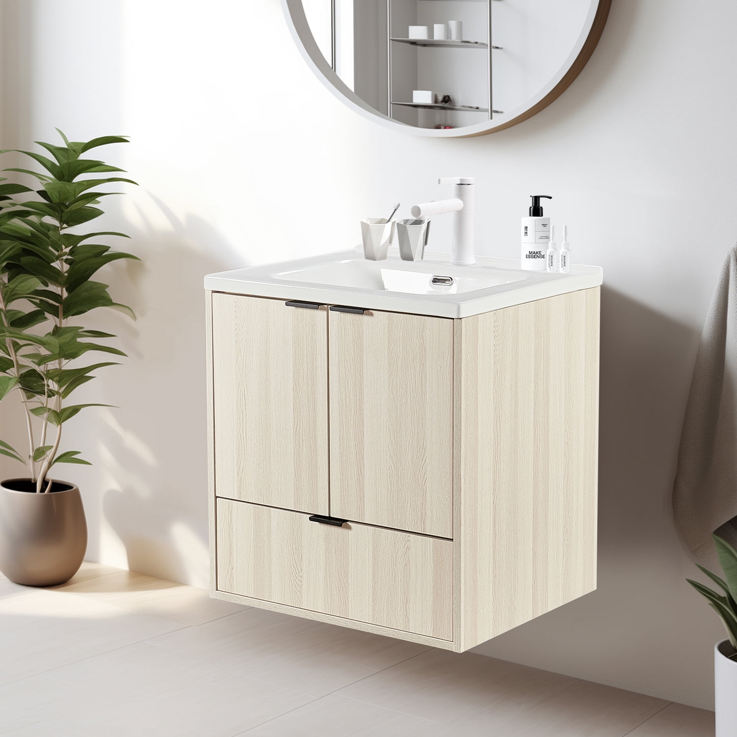 Wall Mount Vanity Cabinet With Drawer White Oak L 24 in x H 24.8 in x D 19.7 in