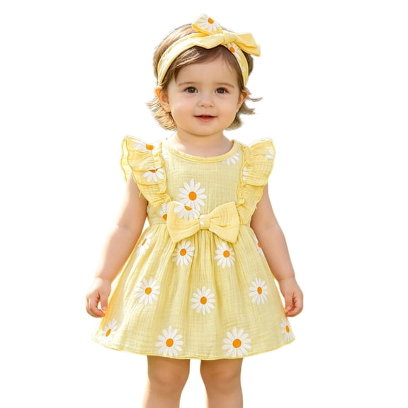 MEZZALL Summer Baby Girls Dress With Flower Print Sleeveless Dress And Headband Toddler Fashion O-Neck Vacation Dresses