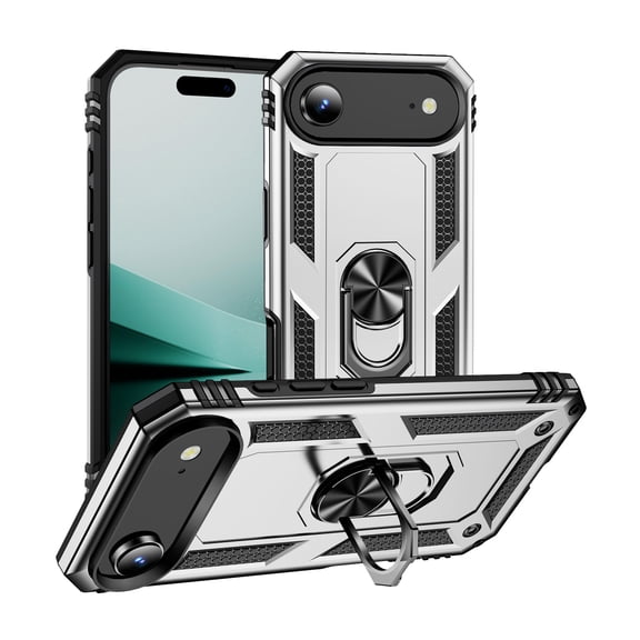 Allytechgroup Rugged Case for iPhone Air, Military Grade Protection Shockproof Non-Slip Cover with Metal Rotatable Ring Stand, Magnetic Car Mount Holder Case for iPhone Air Women Men, Silver