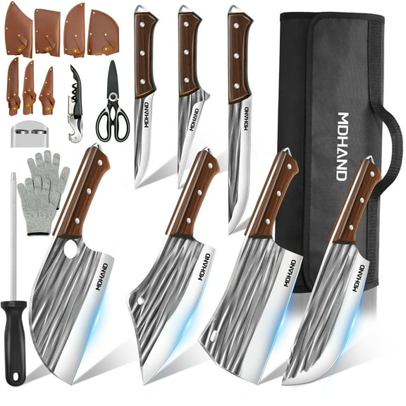 14pcs Kitchen Knives Set -Kepeak Butcher Knife,Chef Knife, Boning Knife, Meat Cleaver - BBQ, Outdoor, Camping(Stripe)