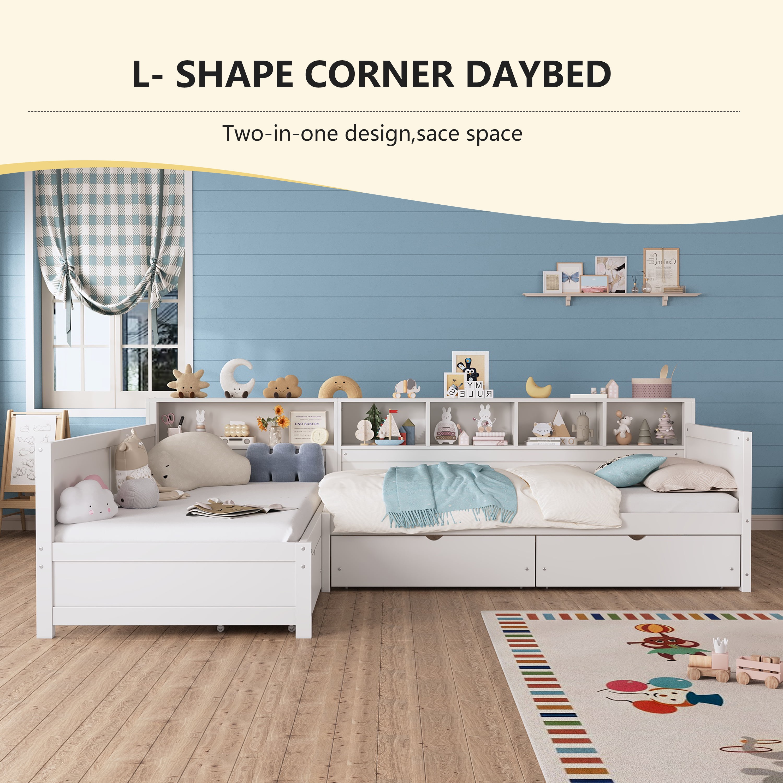 Yoneston L-Shaped Twin Daybed with Storage Side Bookcase and 3 Drawers, Corner Bed Frame with Storage Shelves for Kids Teens Bedroom Playroom Guest Room, White
