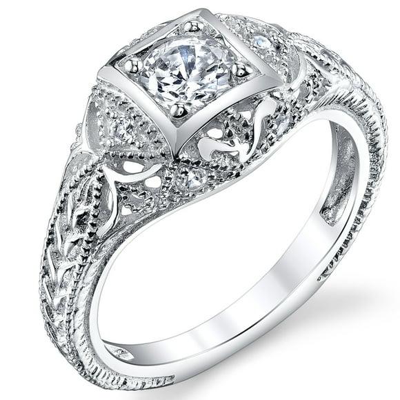 Women's Carved Sterling Silver Vintage Cubic Zirconia Bridal Engagement Ring