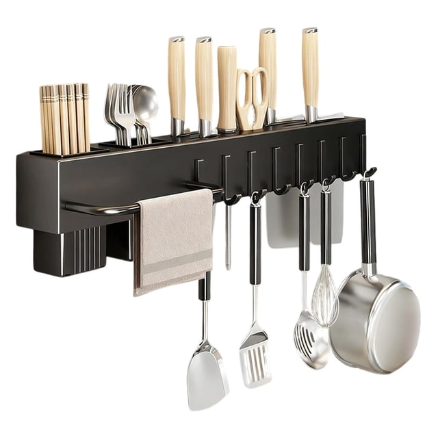 Car Bon Steel Utensil Rack - Space Saving Kitchen Organizer with Hooks and Hanging Bar for Efficient Storage Solutions