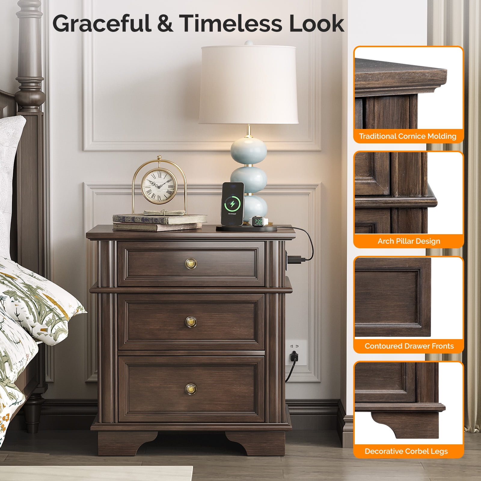 Ktaxon Wooden Nightstand with Outlets & USB Ports, 3 Drawer Traditional Cottage Bedside Table, Brown