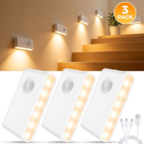VOLIVO 3 Pack LED Motion Sensor Night Lights, Warm White Battery Operated Indoor Lights for Stairs, Hallway, Bathroom, Bedroom, Kitchen and Closet