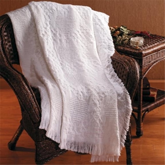 Basketweave Heart, Solid, White 2 Layer Throw Blanket Fashionable Jacquard Woven 46 X 60 in.