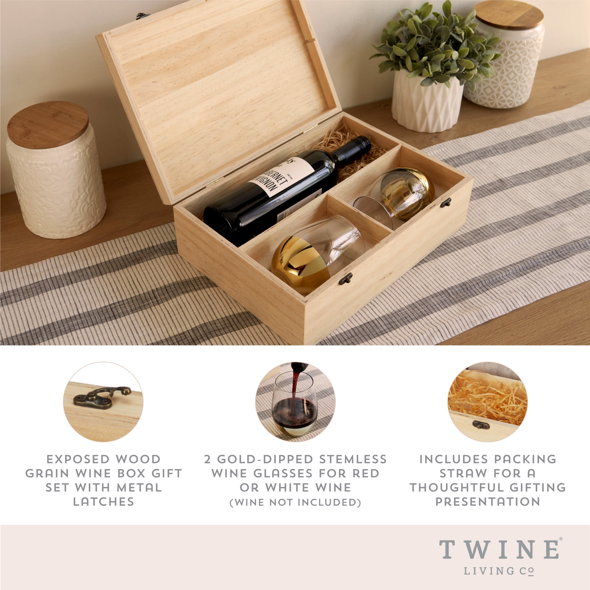 Wood Wine Gift Box Set With 2 Crystal Wine Glasses Personalized by