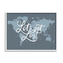 Stupell Industries Let's Get Lost Adventure Phrase Blue World Map Inspirational Painting White Framed Art Print Wall Art, 24 x 30