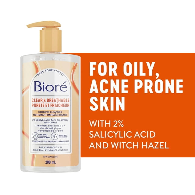Bioré Pore Clarifying Cooling Cleanser with Witch Hazel, Salicylic Acid Face Wash for Acne Prone Skin, 200mL (Made in Canada)