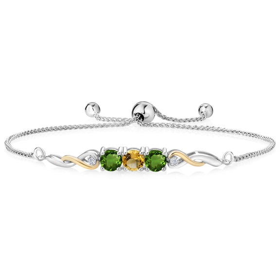 925 Sterling Silver and 10K Yellow Gold Citrine Green Chrome Diopside and White Lab Grown Diamond Tennis Bracelet for Women (1.75 Cttw, Gemstone November Birthstone, Fully Adjustable up to 9 inch)