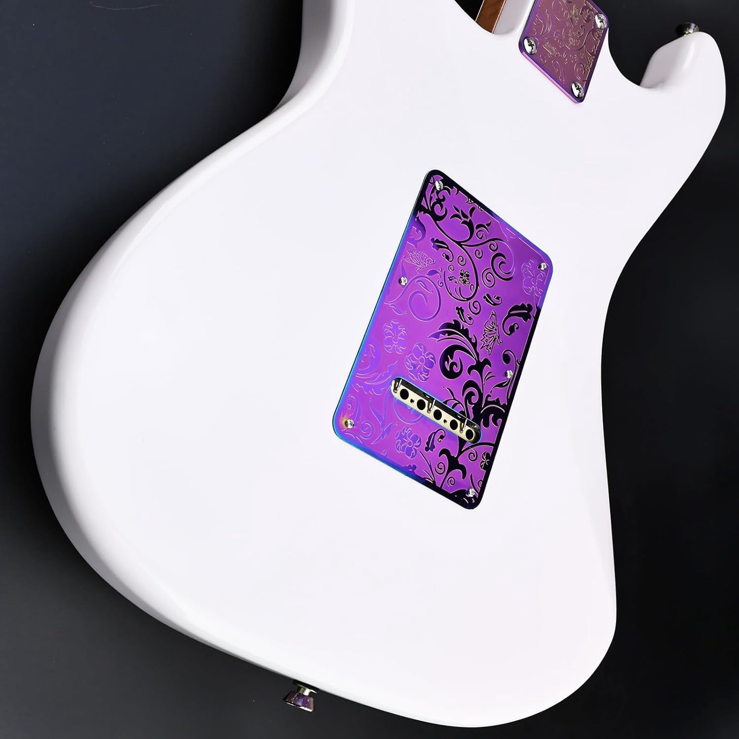 Stainless Steel Guitar Back Plate 6 holes Engraved Metal Trem Tremolo Cover Electric Guitar Back Cover Plate Compatible with USA/Mexican Standard FD Strat ST Replacement Parts (Purple)