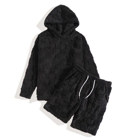 Men's 2Pcs Loungewear Set Checkboard Hoodies & Short Set (Black S)