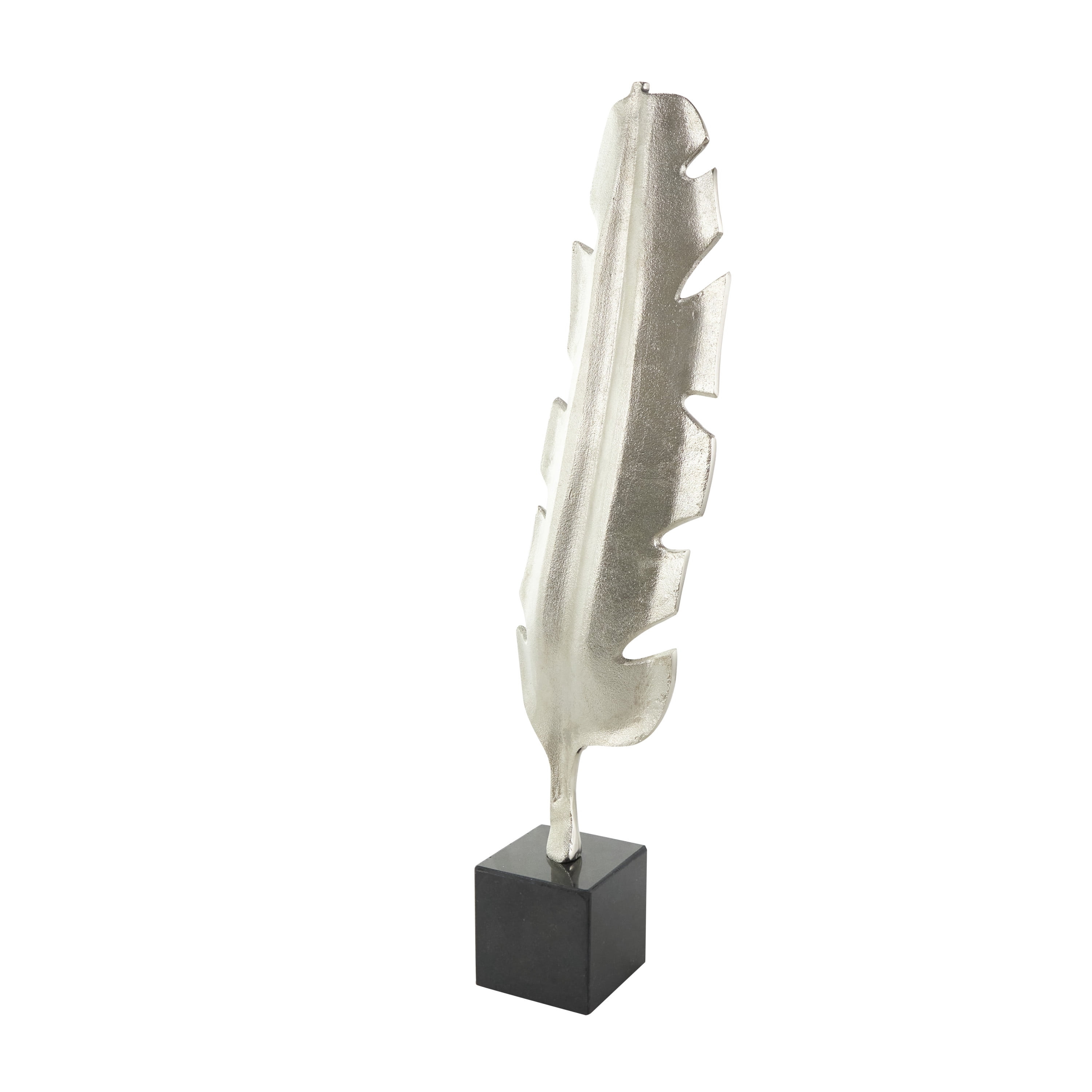 7" x 28" Silver Aluminum Feather Bird Sculpture with Black Marble Base, by CosmoLiving by Cosmopolitan