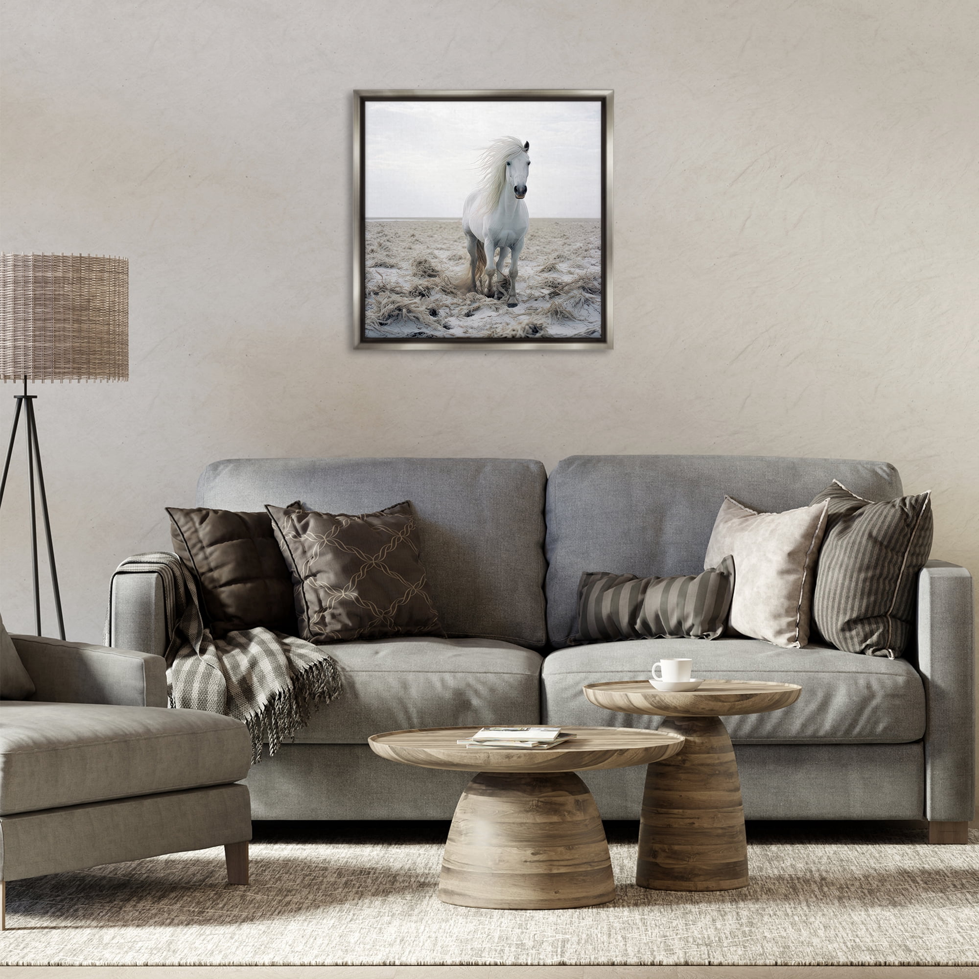Stupell Industries Windswept Beach Horse Animals Photography Gray Floater Framed Canvas Art Print Wall Art, 25 x 25