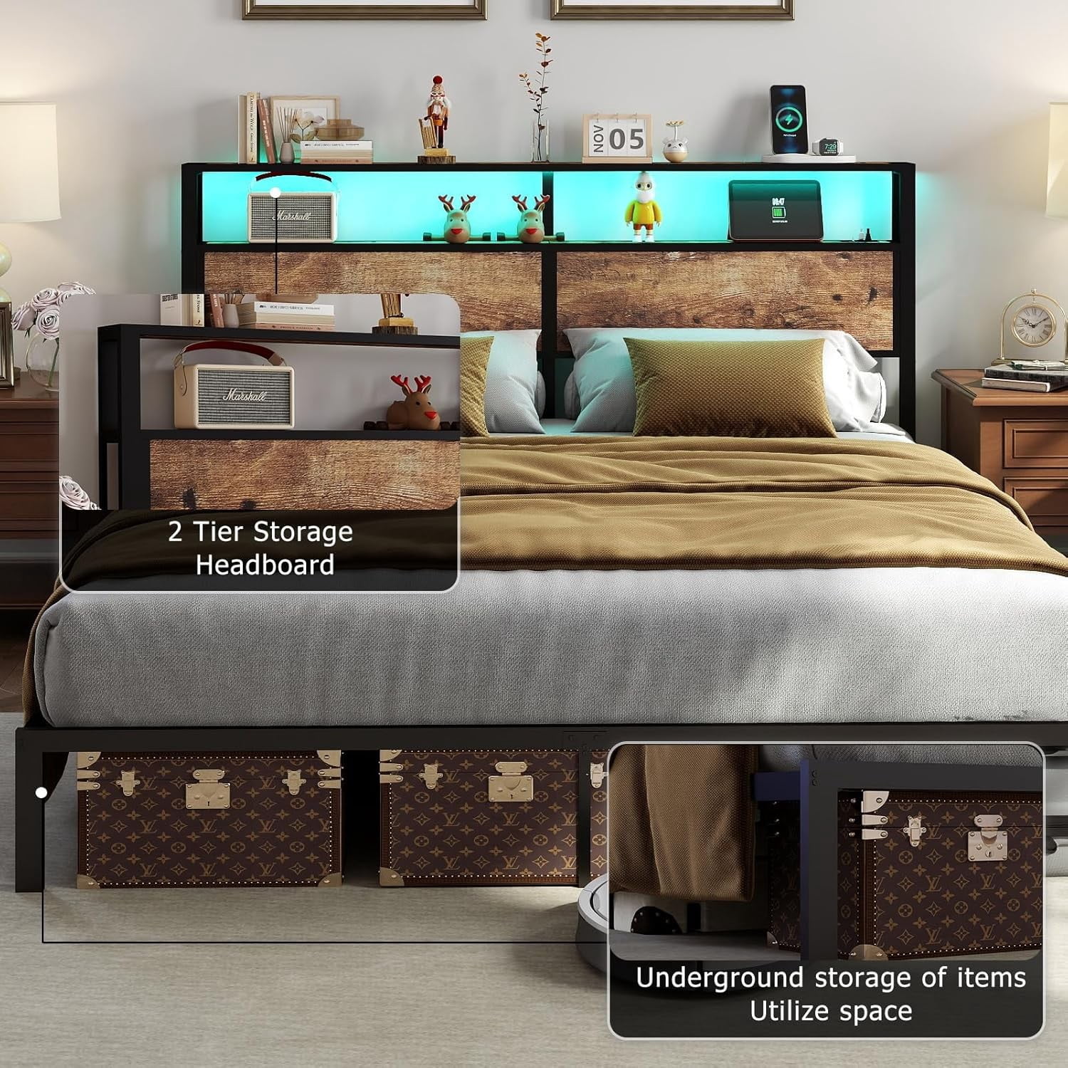DRNANLIT King Size  Bed Metal Platform Bed Frame with LED Lights ，2 Tiers Storage Headboard,Charging Station,Noise Free, Easy Assembly,Vintage Brown