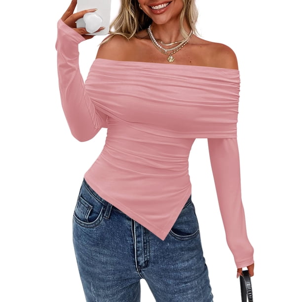 Remera PRETTYGARDEN Mujer Manga Larga Ajustada Rosa XXL con Hombros Descubiertos
