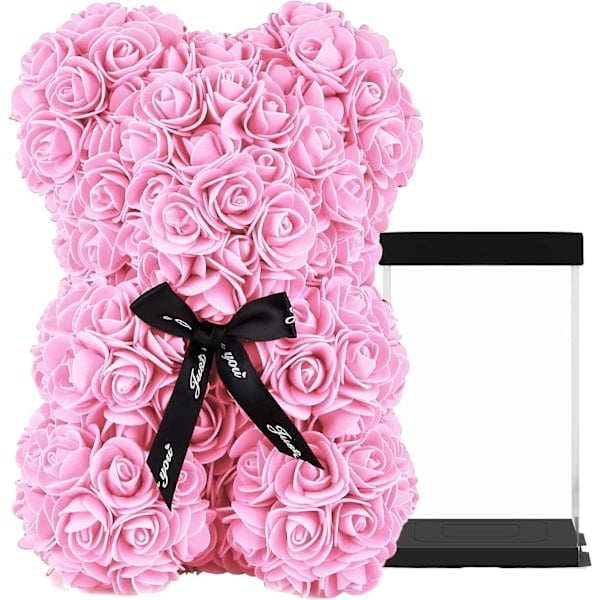 Rose Bear in Clear Gift Box - Valentine's Day Mother's Day (Pink, 25 cm / 10 inches)