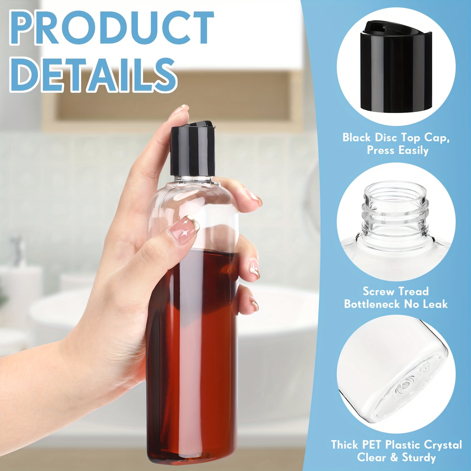 24 Pcs Clear Squeeze Bottles 10 oz Travel Size Refillable Containers with Disc Cap, Leak Proof Plastic Dispensing Bottles for Shampoo Lotion Toiletries Home Salon Use