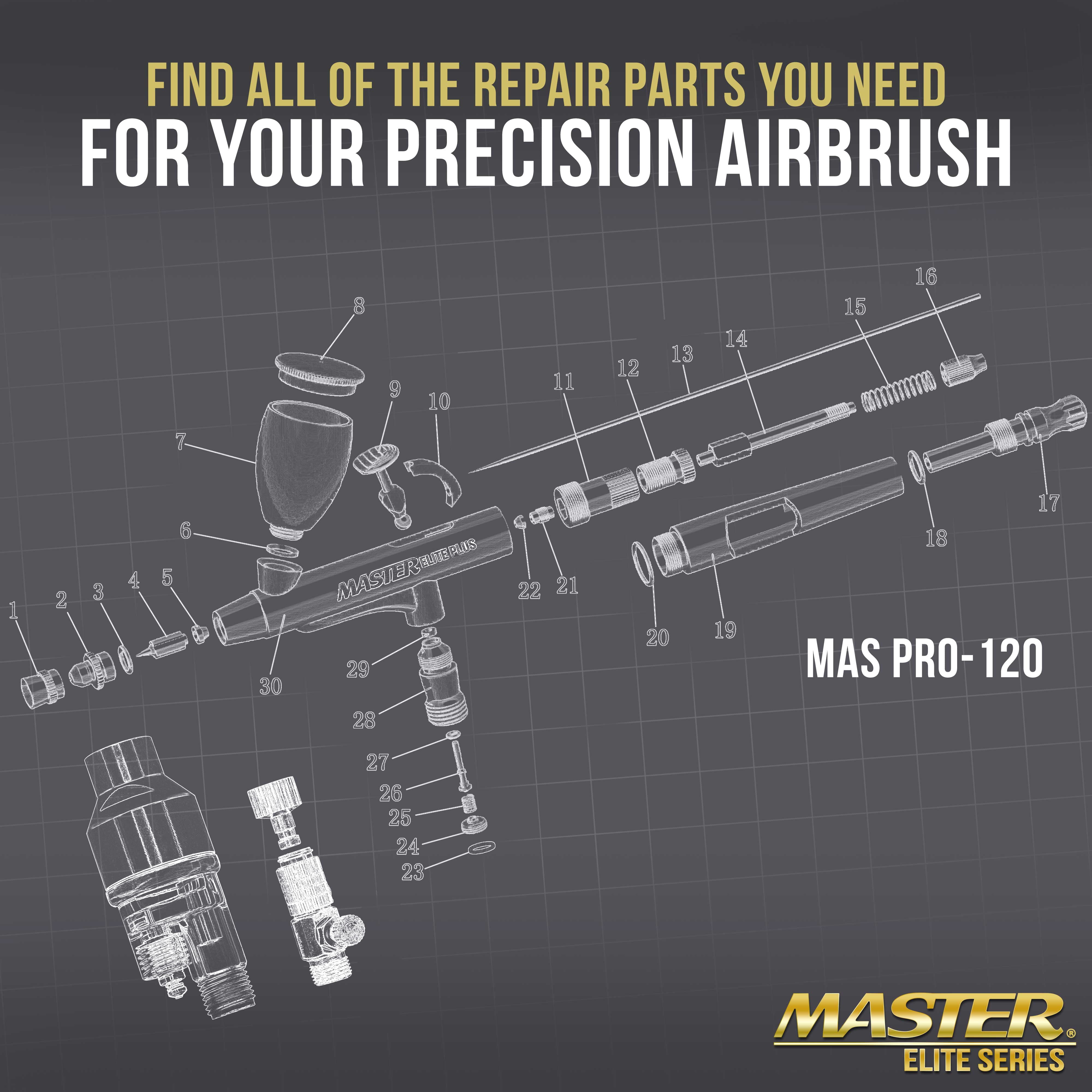 Master Elite Series Plus Airbrush Rebuild Kit - For Repair and Maintenance of Model 120 Airbrush - Contains All Essential Airbrush Replacement Parts