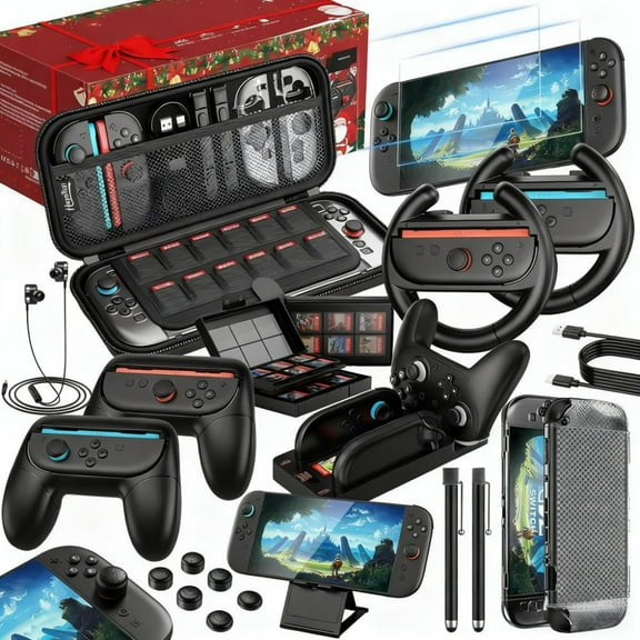 Switch 2 Accessories Bundle Kit for Nintendo Switch 2, 25 in 1 Game Kit: Carrying Case,Screen Protector,Protective Cover,Grips,Game Box,Earphone,Charging Dock & More