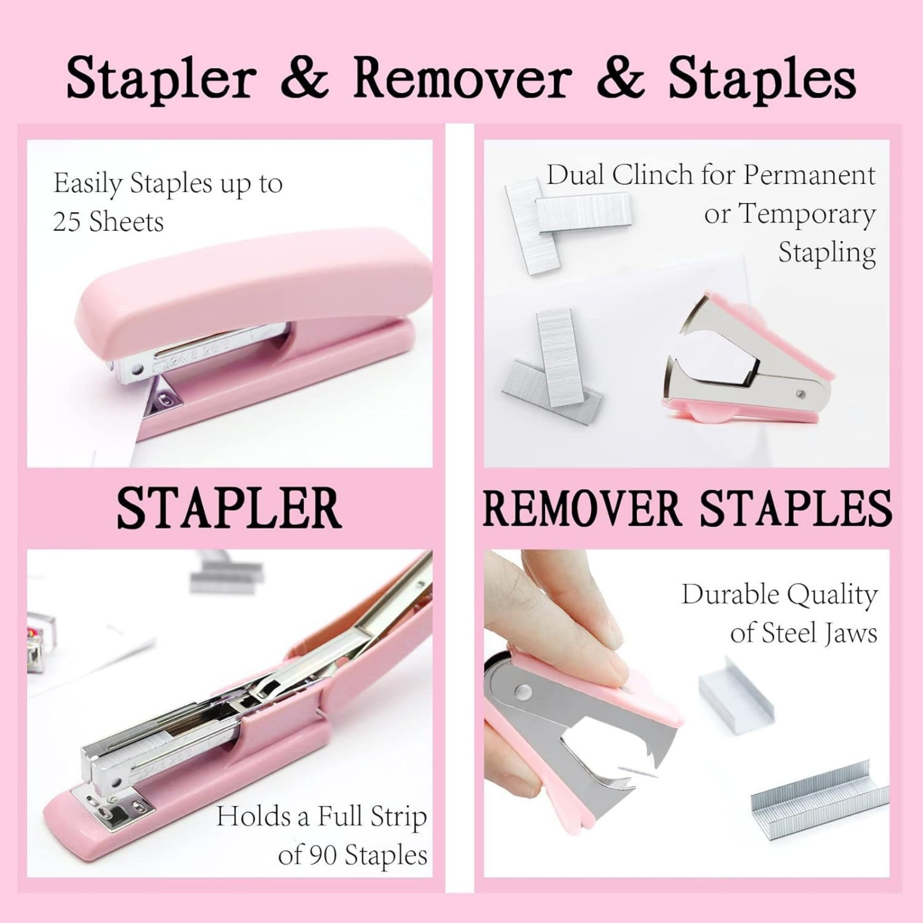 Pink Office Supplies Set & Desk Organizer Kit,Desk Accessories, Stapler and Tape Dispenser Set for Women with Stapler, Tape Dispenser, Staple Remover, Staples, Clips, Scissor and Tabs