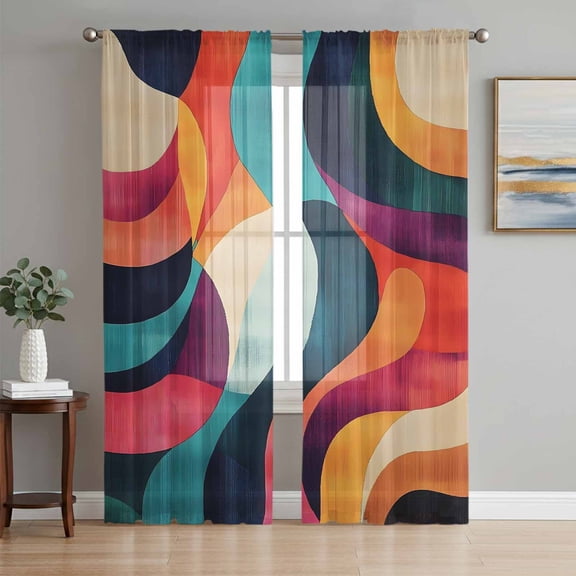Vintage Geometric Sheer Curtains 96 Inch Length 2 Panels Set, Colorful Contemporary Minimalist Voile Window Treatment Semi Sheer Long Curtains Drapes for Bedroom/Living Room/Kitchen 52"x96"x2