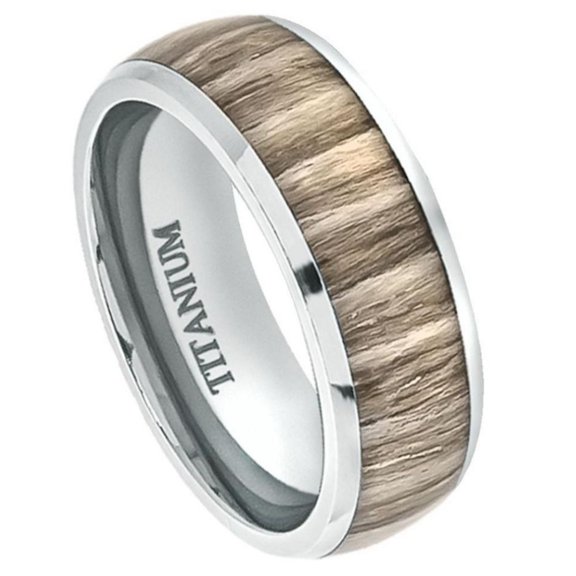 Custom Personalized Engraving Wedding Band Ring Set for Him & Her Titanium Band 8mm Titanium Ring Domed with Ashen Zebra Rosewood Inlay