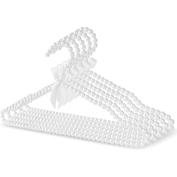 ABCISI 5 Packs Faux Pearl Beaded Clothes Hangers, Elegant Clothes Dress Wedding Shop Pants Hanger, Closet Coat Storage Organizer Standard Hangers for Bridal or Party (White)
