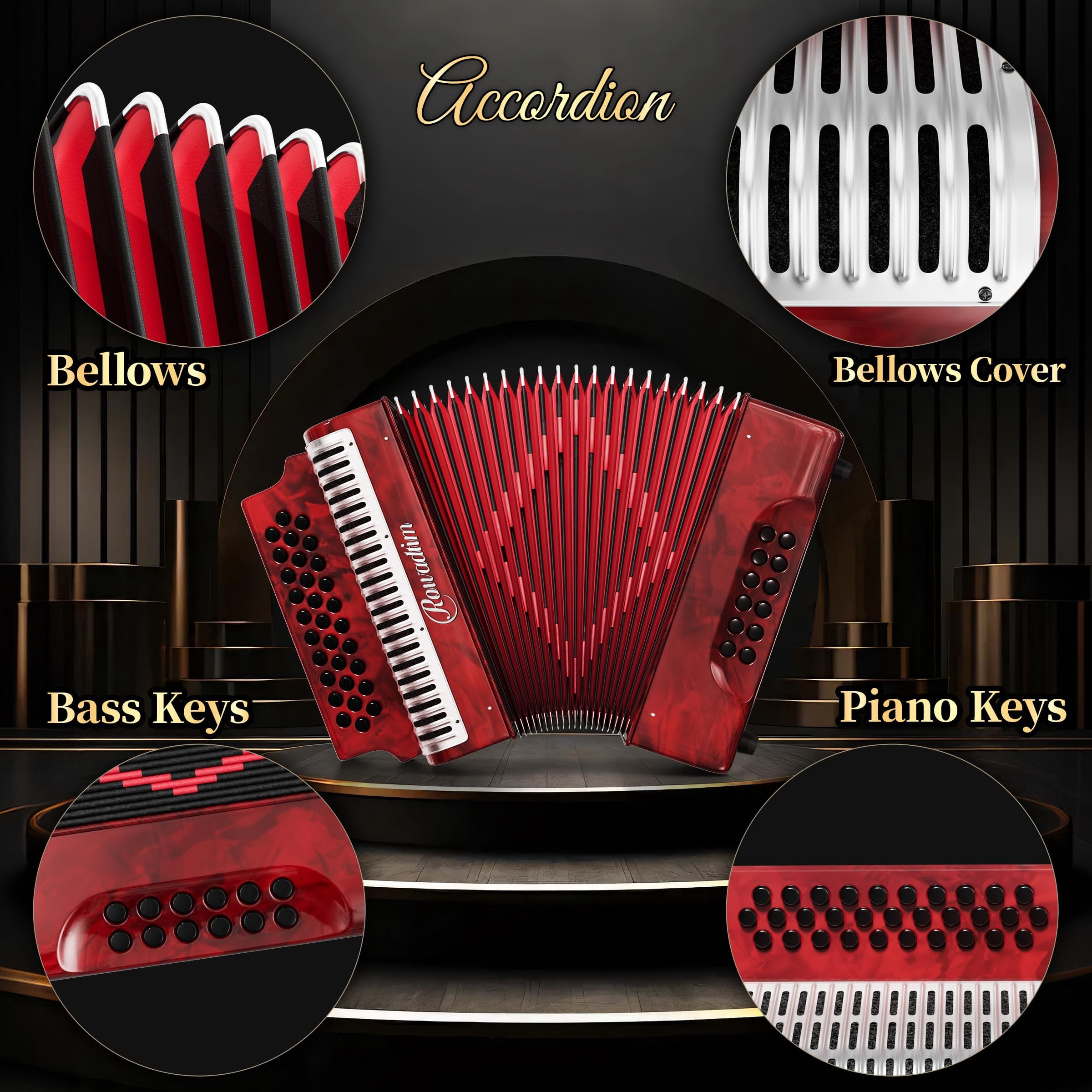 Rowadtim 31 Key Diatonic Accordions, 12 Bass Buttons (G/C/F Tuning) Suitable for Beginners, Adults, Performances and Teachers; Comes with  Case, Adjustable Strap, Gloves and Polishing Cloth (Red)