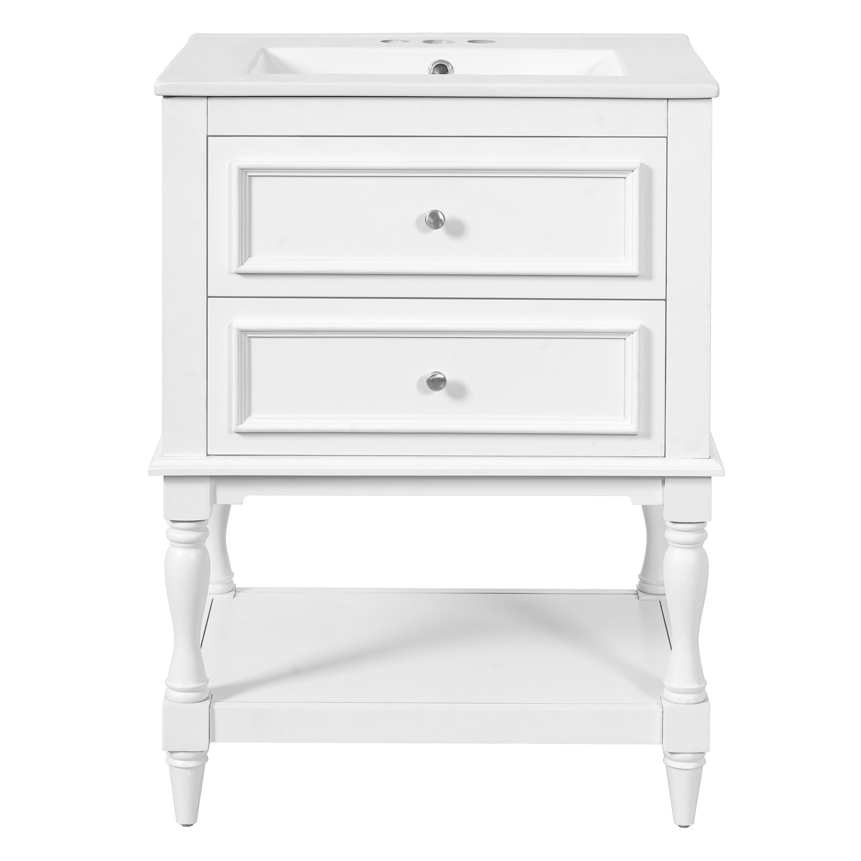 24" Bathroom Vanity with Ceramic Sink, Retro Design Storage Cabinet with 2 Drawers and Open Shelf, for Bathroom, White