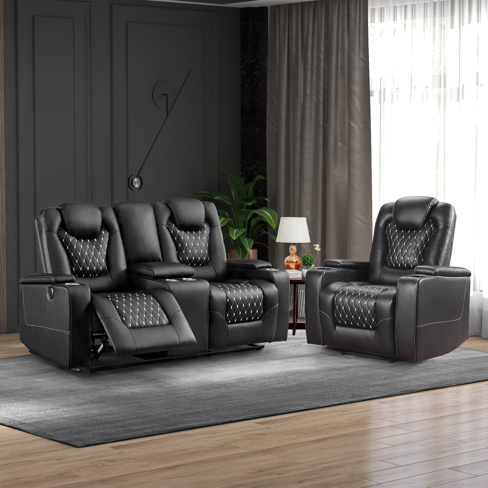 Bonzy Home Electric Power Recliner Sofa Set Theater Seating with Console Living Room Furniture Set, Cup Holders, Hidden Arm Storage, USB Ports, Black