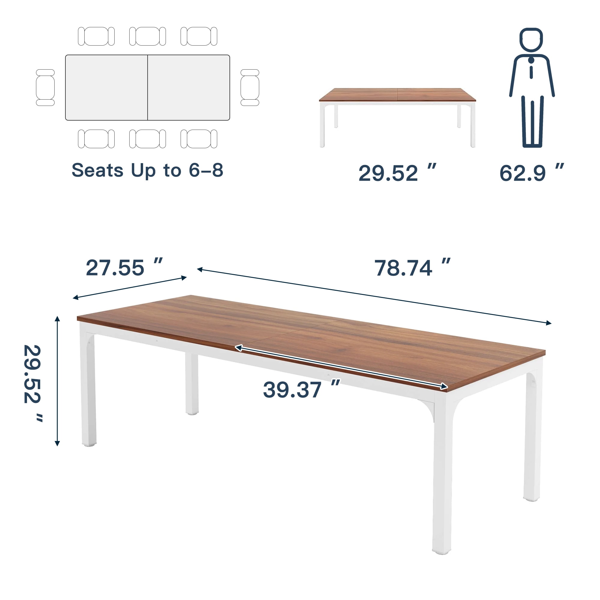 Demi Bonn 78" Farmhouse Dining Table, Wood Rustic Kitchen Table for 8 People, Large Rectangular Dinner Table for Dining Room, Home Office, Living Room Furniture, Brown & White