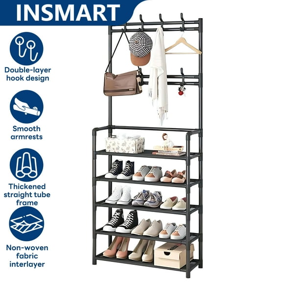 INSMART 5 Tiers Shoe Rack for Home Use with Coat Rack,Shoe Organizer Storage with Hooks Space-Saving Freestanding Shoe Shelf for Bedroom Entryway Hallway Office Black