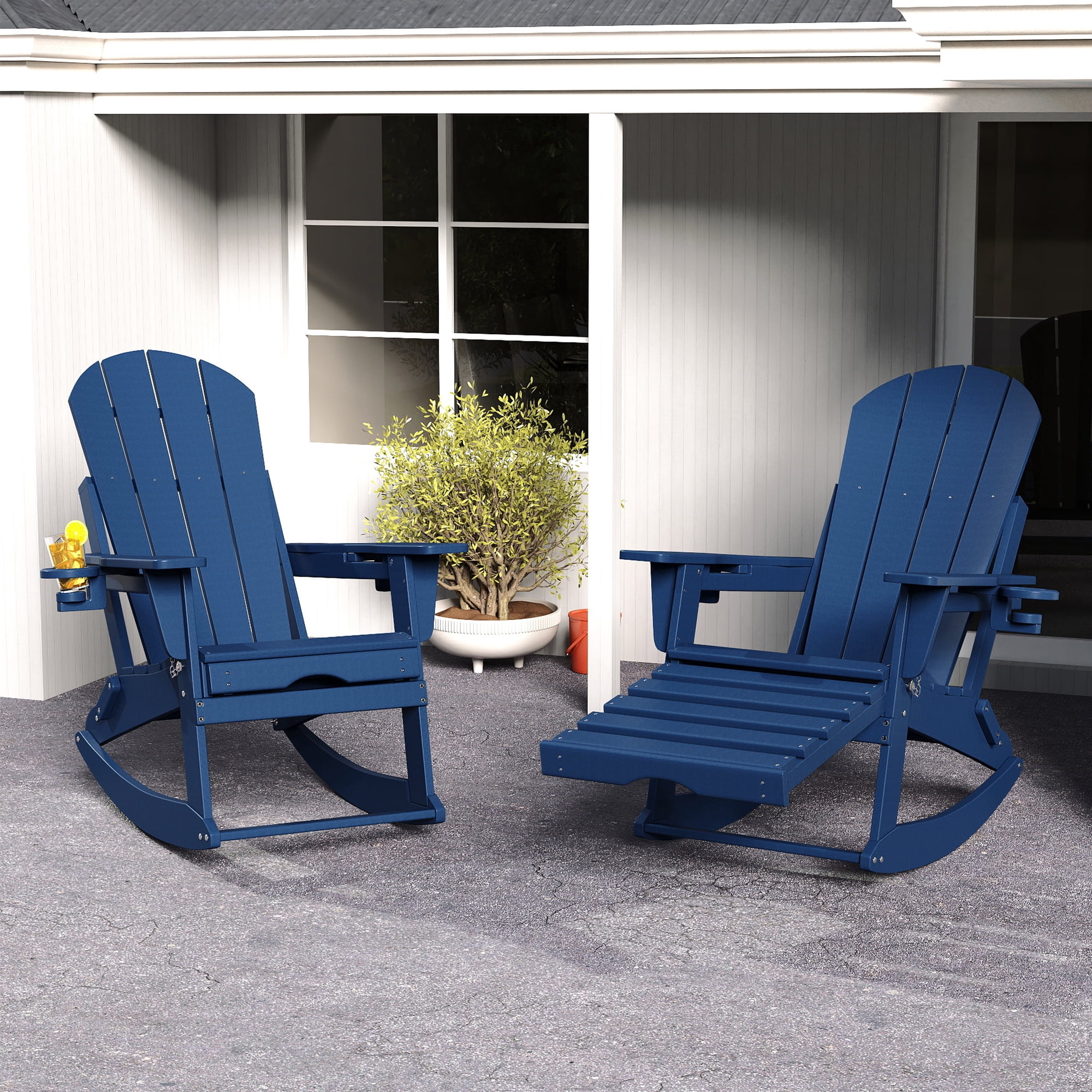 FOOWIN HDPE Plastic Rocking Adirondack Chair Set of 2, Folding Rocking Chairs for Patio Porch Rocker Chair, Blue
