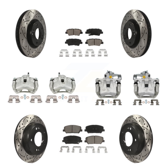 Transit Auto Front Rear Disc Brake Coated Caliper Drilled Slotted Rotors and Ceramic Pads Kit (10Pc) for Car 2014 Kia Forte SX with Sedan Without 15" Factory Wheels KCD-100355C