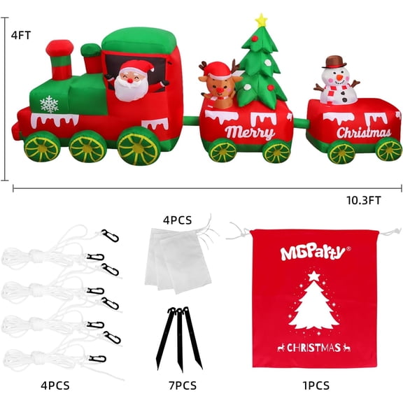10.7 FT Christmas Inflatable Train with Santa Claus Reindeer Snowman Christmas Tress Built-in LED Lights Blow Up Christmas Decor for Christmas Party Holiday Outdoor Garden Lawn Yard Decorations