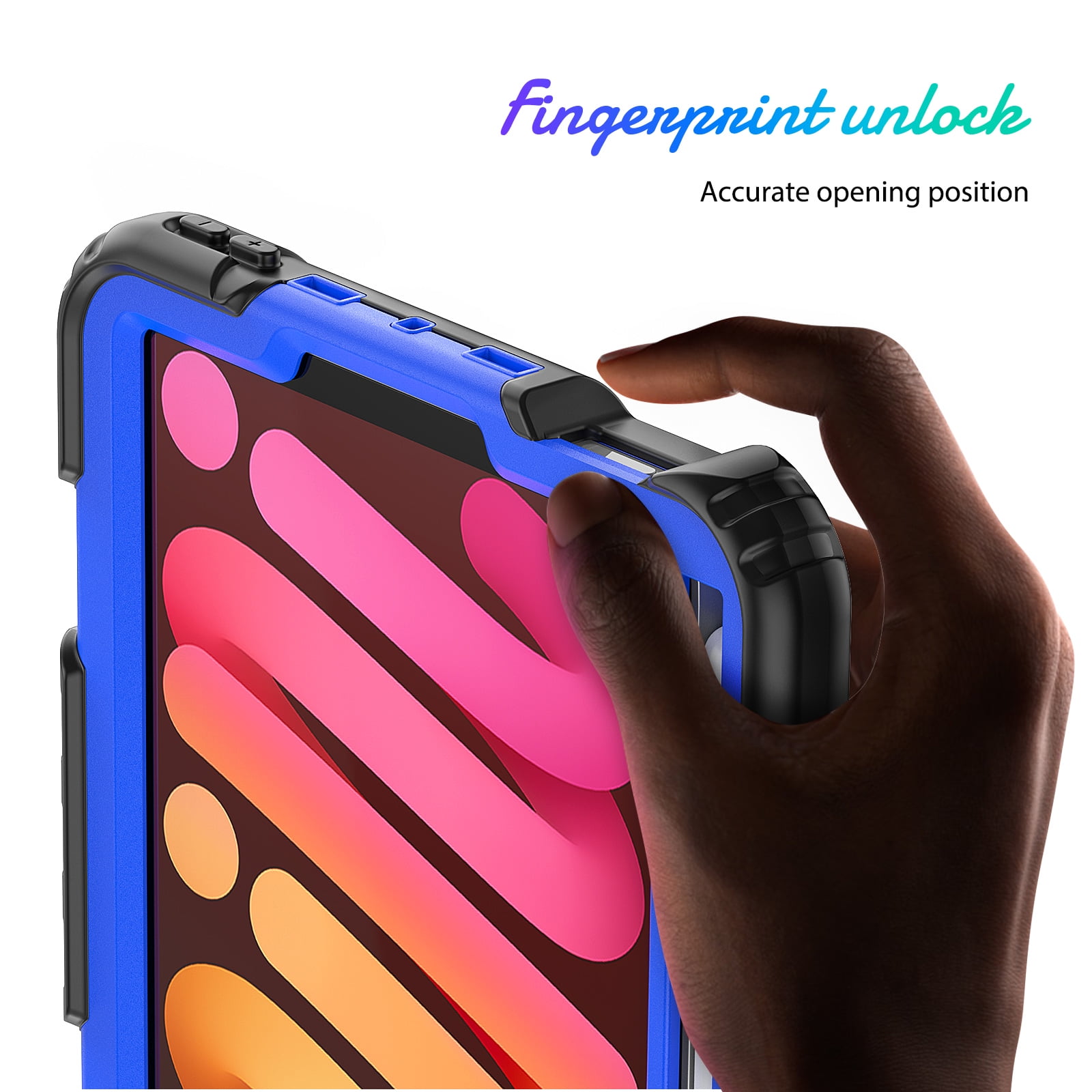 Shockproof Case for Apple iPad mini 6 /7 8.3" with Build In Screen Protector, Rugged Rotating Stand Shoulder Strap Pencil Holder Kids Friendly Bumper Case for Apple iPad mini 6/ Mini 7, Blue+Black