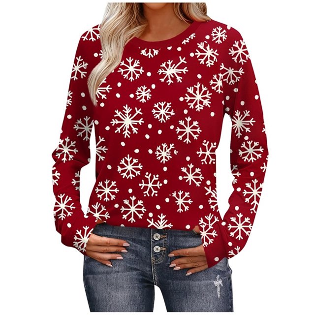 HAiming Chemise de Noël Imprimée pour Femmes Manches Longues Col Rond Chandail Automne Hiver Vêtements Tendance
