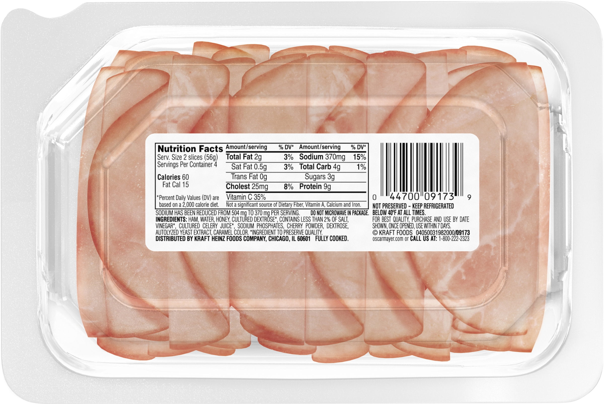 Oscar Mayer Deli Fresh Honey Uncured Ham, Sliced, Low Sodium, 8 oz, Refrigerated, Plastic Tray