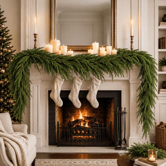 simeccom 2 Pack 9ft Norfolk Pine Christmas Garland with 80 Tips - 60 Branches PVC Artificial Holiday Greenery Garlands for Mantel, Staircase, Door