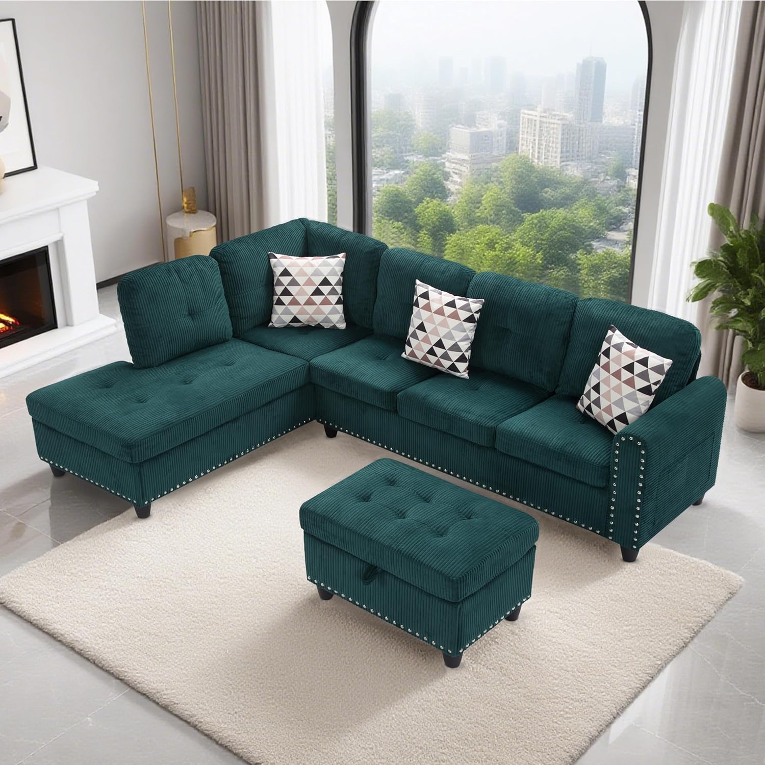 Gewnee 6 Seaters 94.49”L-Shaped Modular Sectional Sofa Couch ,Corduroy Fabric 2 Built-in Cup Holders with Storage Ottoman for Living Room