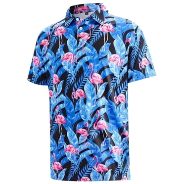 APTRO Mens Golf Shirt Hawaiian Polo Shirt Short Sleeve Dry Fit Performance Moisture Wicking Collared Polo Shirt With Print Flamingo Blue MPO04 L