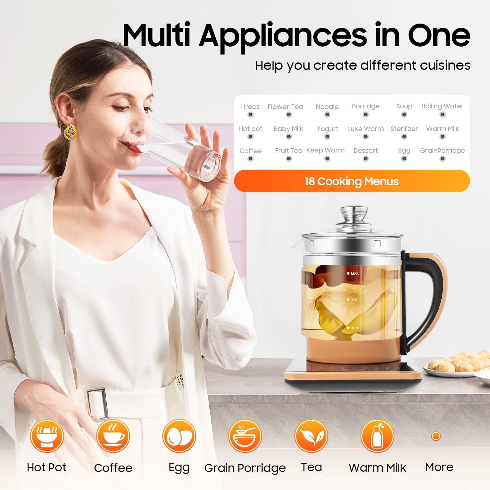Electric Tea Kettle, 1.8L/0.4Gal Health Pot Electric Glass Kettle w/Filter+ Digital Heating Base, BPA-FREE & Boil-Dry Protection for Boiling Water Tea, Coffee