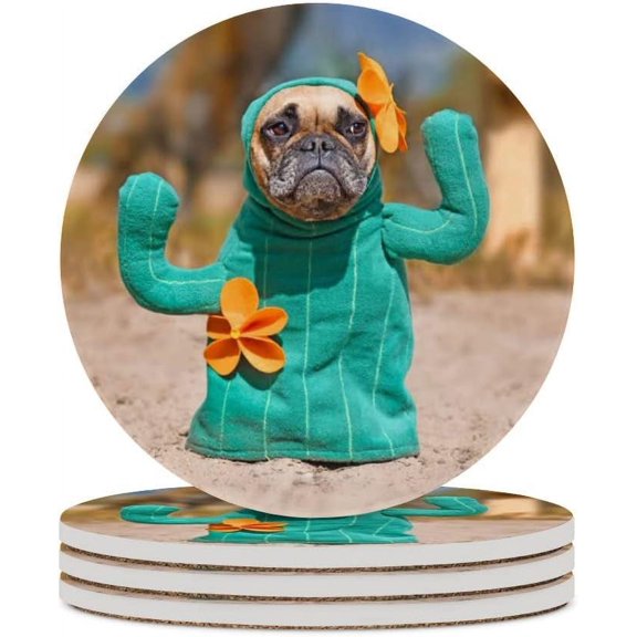 GZHJMY 6Pcs Round French Bulldog Dog Dressed Up with Funny Cactus Ceramic Coasters with Cork-Backed for Coffee Drink, Cup Mat Absorbent Stone Coasters