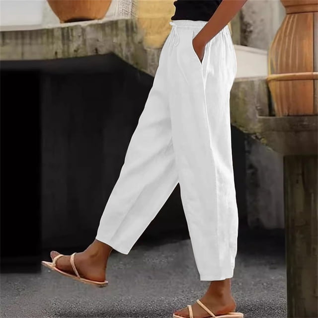 asjyhkr Plus Size Capri Pants for Women Drawstring Elastic Waist Solid Color Summer Casual Beach Trousers