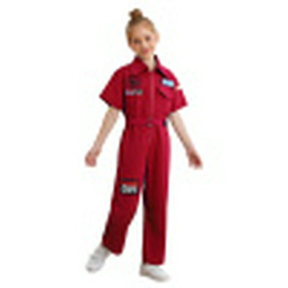 Haitryli Girls Boys Mechanic Jumpsuits Coverall Boiler Suit Zip-Front Short Sleeve Overalls Flight Suit Bodysuit Red 7-8