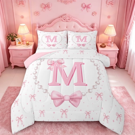meiyoeat Chic Bow Tie Full Size Comforter Sets For Bowknot Girls,Pink Initial Letter M Bedding Comforter Set For Kids,Pink Reversible,3-Piece